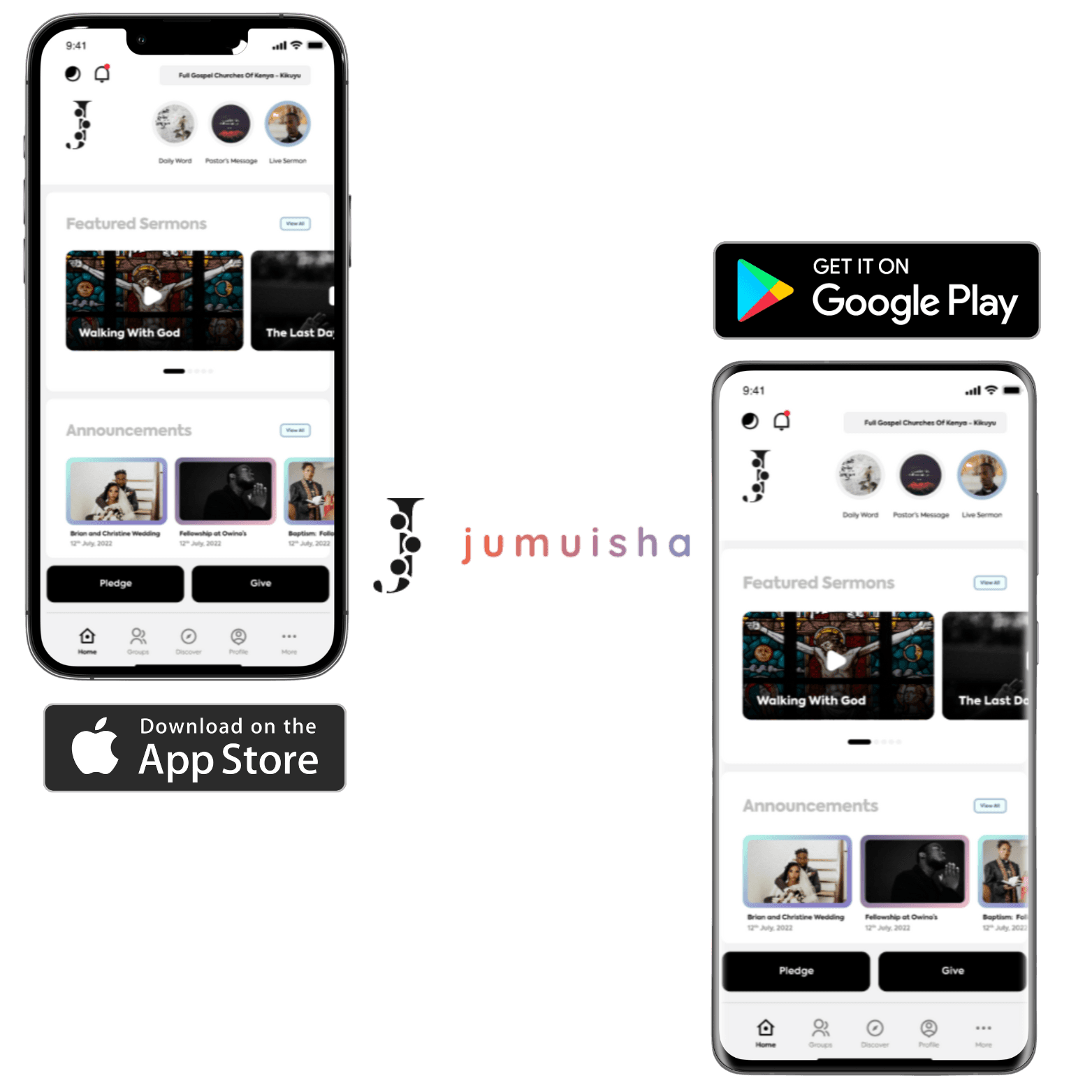 Jumuisha App, home page on Android and iOS