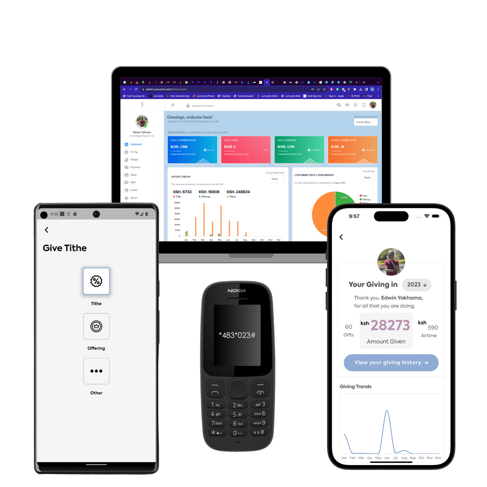 Jumuisha app showing tithing on phone and metrics on the dashboard